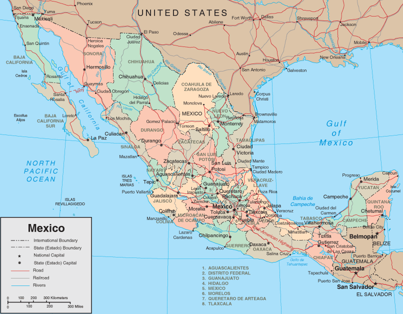 Mexican States shows names and borders of States in Mexico.