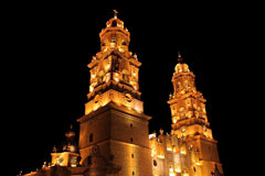 Morelia Cathedral at night, Michoacan, Mexico