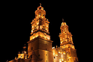 Morelia Cathedral at night, Michoacan, Mexico